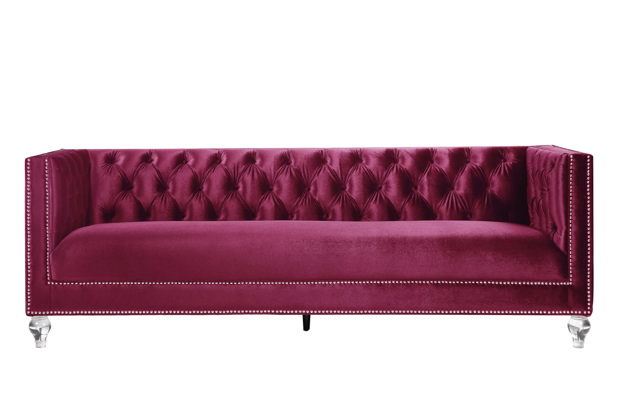 89" Burgundy Velvet Sofa And Toss Pillows With Black Legs