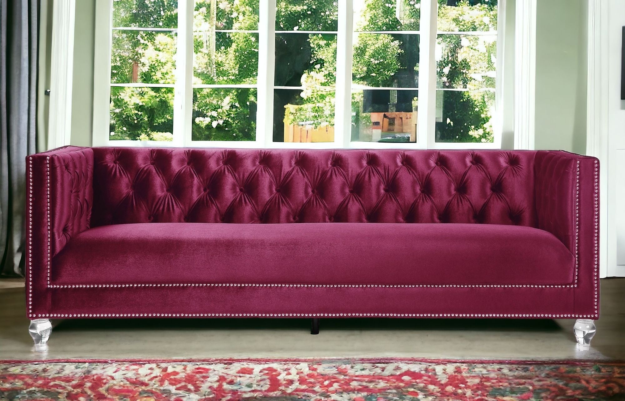 89" Burgundy And Black Velvet Sofa And Toss Pillows