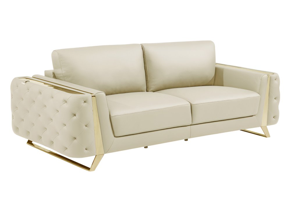 90" White Italian Leather Sofa With Gold Legs