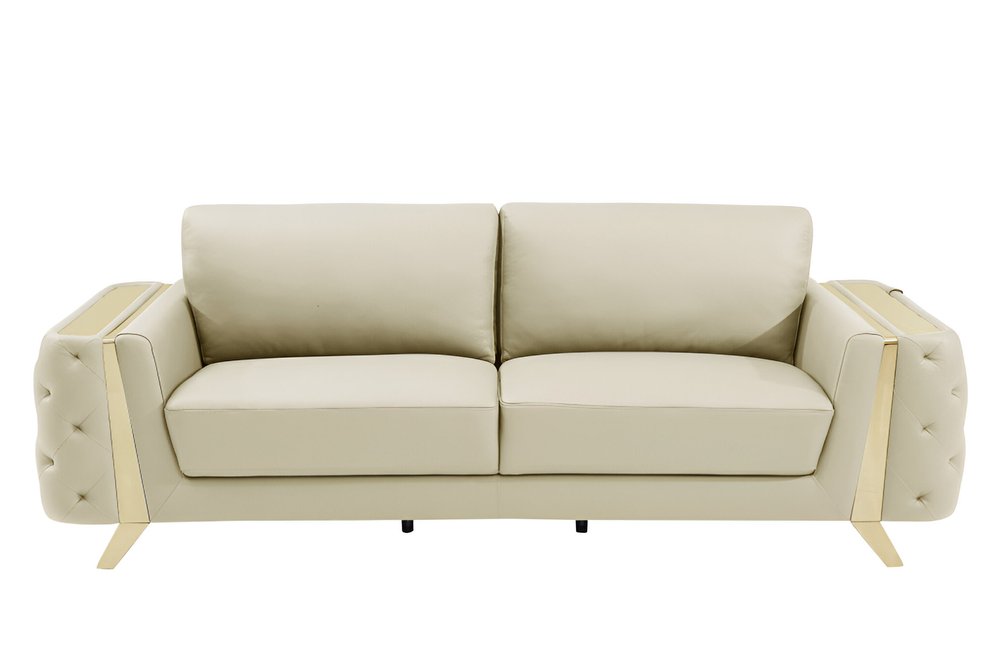 90" White Italian Leather Sofa With Gold Legs