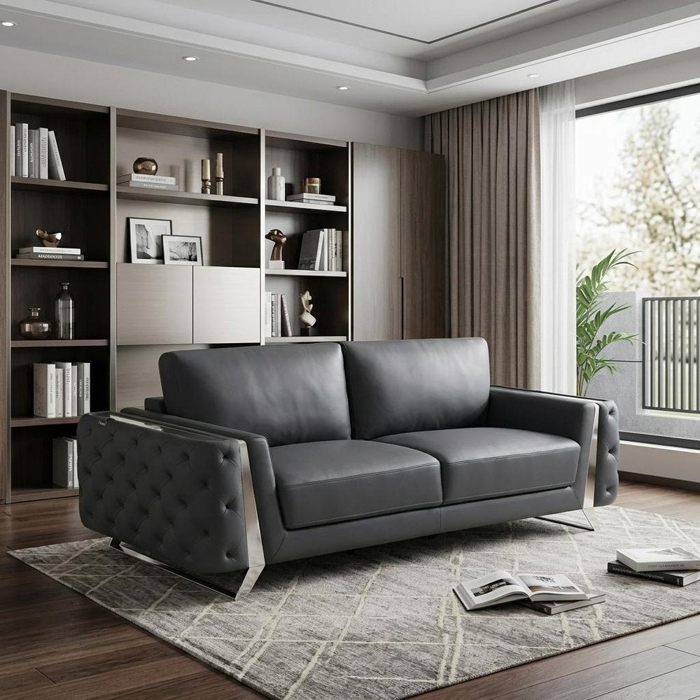 90" Beige Italian Leather Sofa With Gold Legs