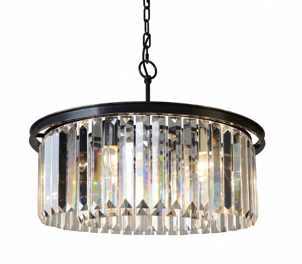 Black Unique Statement Six Light Metal and Crystal Glass Chandelier With Clear Shades