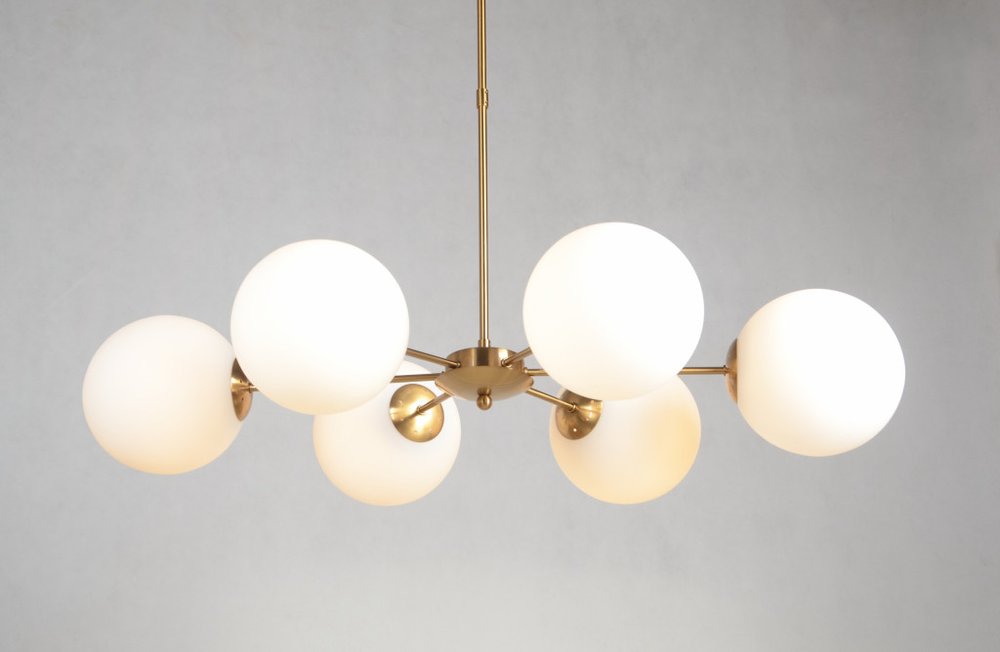 Brass Sputnik Six Light Metal Chandelier With White Shades