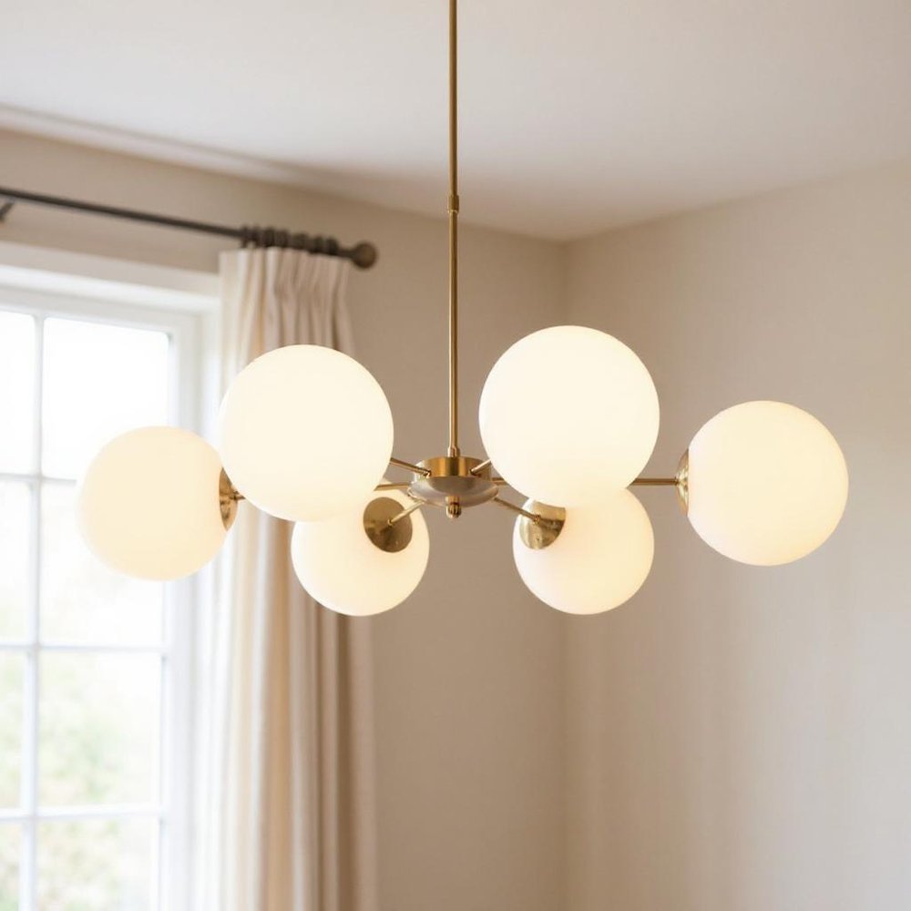 Brass Sputnik Six Light Metal Chandelier With White Shades