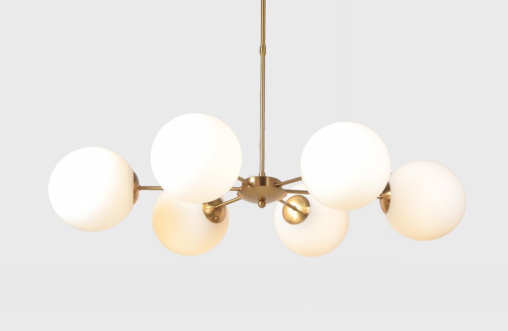 Brass Sputnik Six Light Metal Chandelier With White Shades