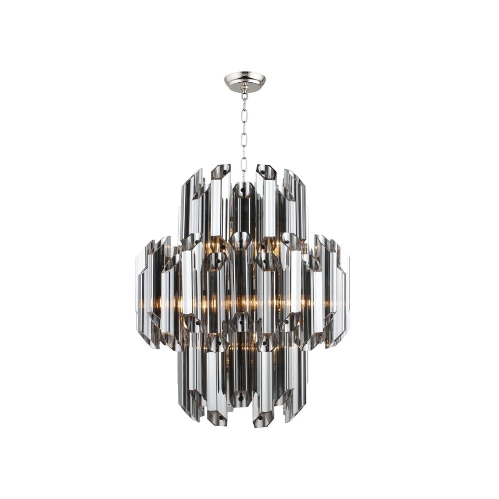 Silver Unique Statement Nine Light Metal and Beveled Glass Chandelier With Silver Shades
