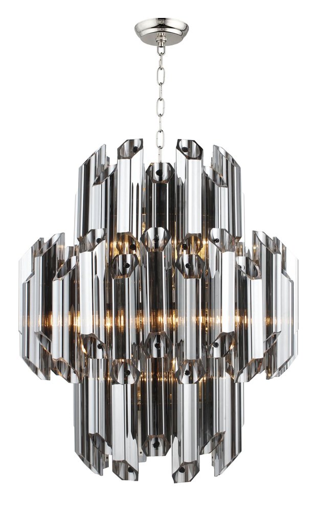 Silver Unique Statement Nine Light Metal and Beveled Glass Chandelier With Silver Shades