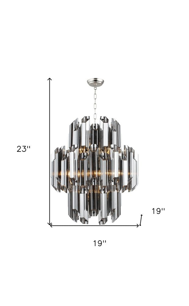 Silver Unique Statement Nine Light Metal and Beveled Glass Chandelier With Silver Shades