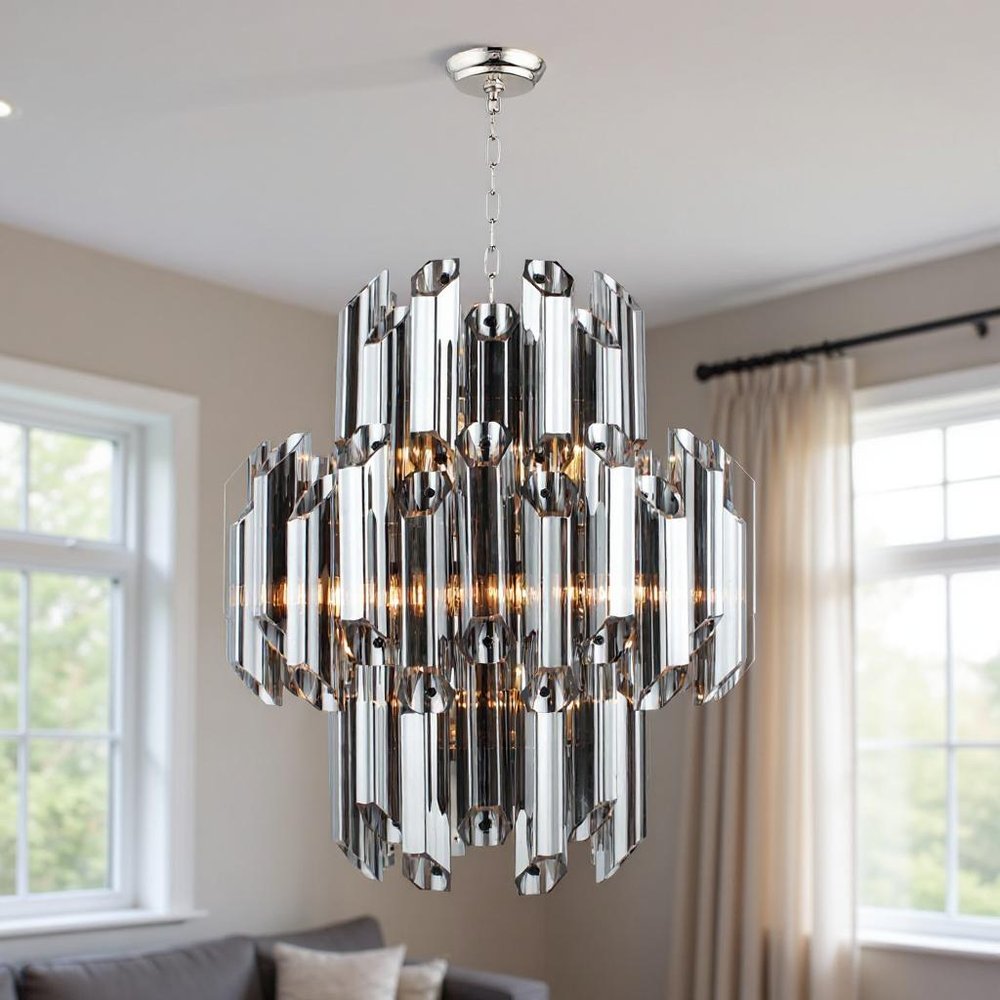 Silver Unique Statement Nine Light Metal and Beveled Glass Chandelier With Silver Shades