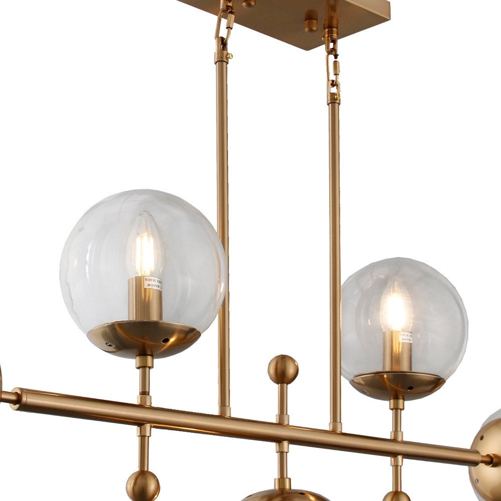 Brass Kitchen Island Five Light Metal and Transparent Glass Chandelier With Clear Shades