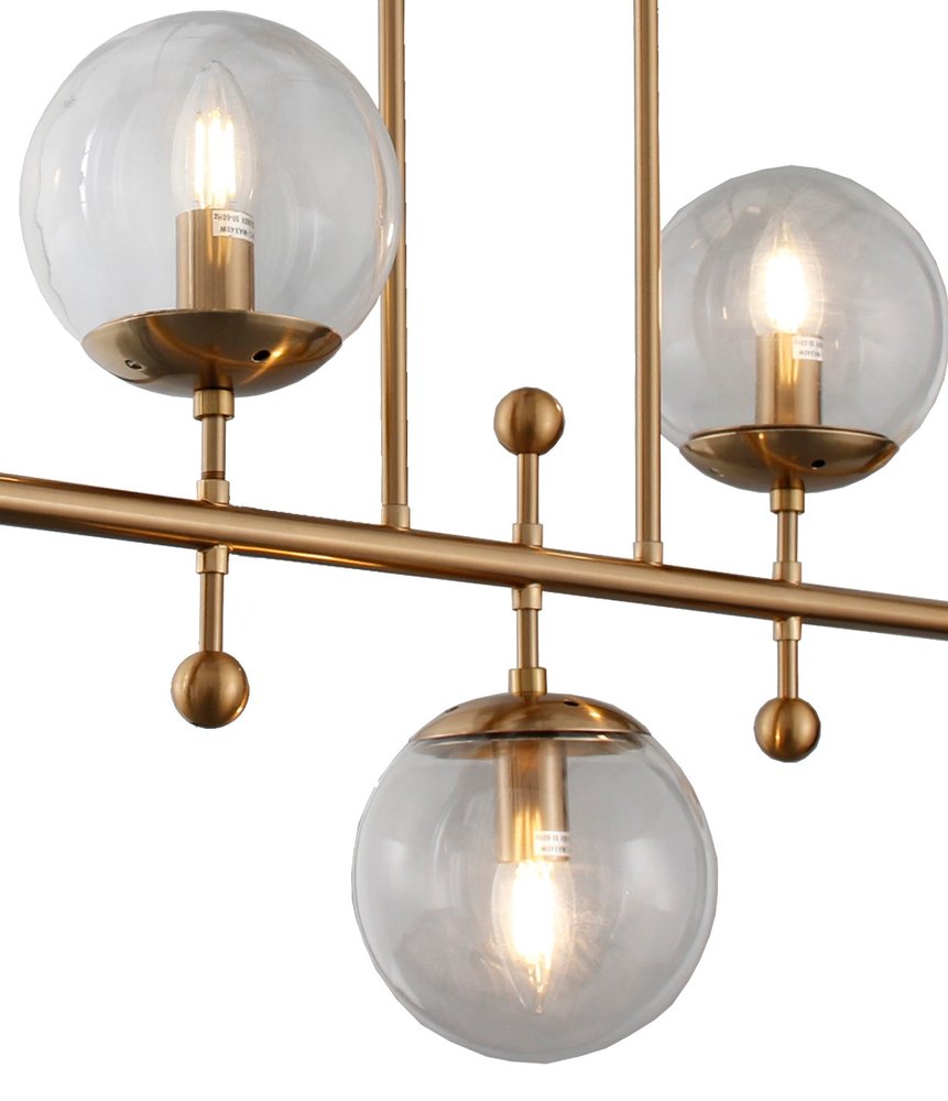 Brass Kitchen Island Five Light Metal and Transparent Glass Chandelier With Clear Shades