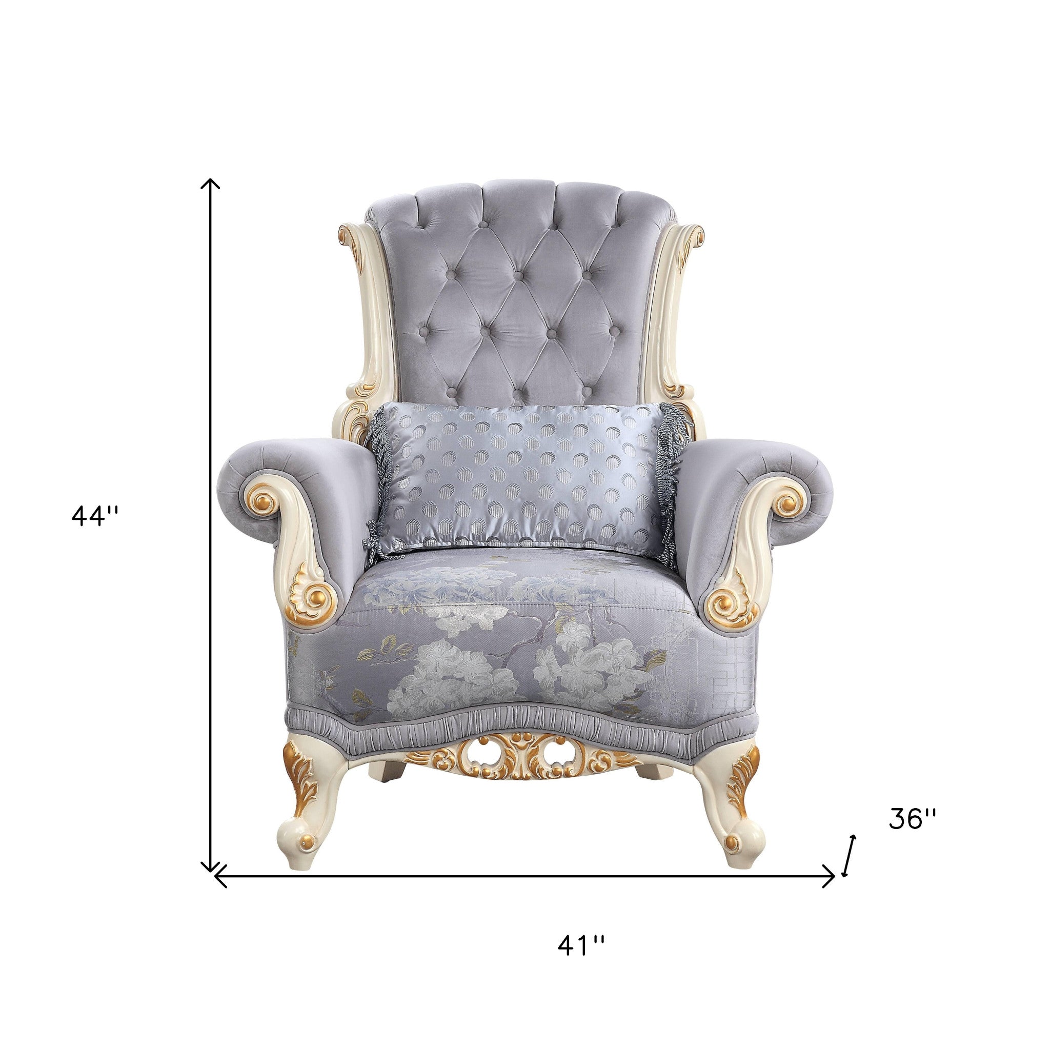 41" Gray And White Fabric Floral Tufted Arm Chair And Toss Pillow