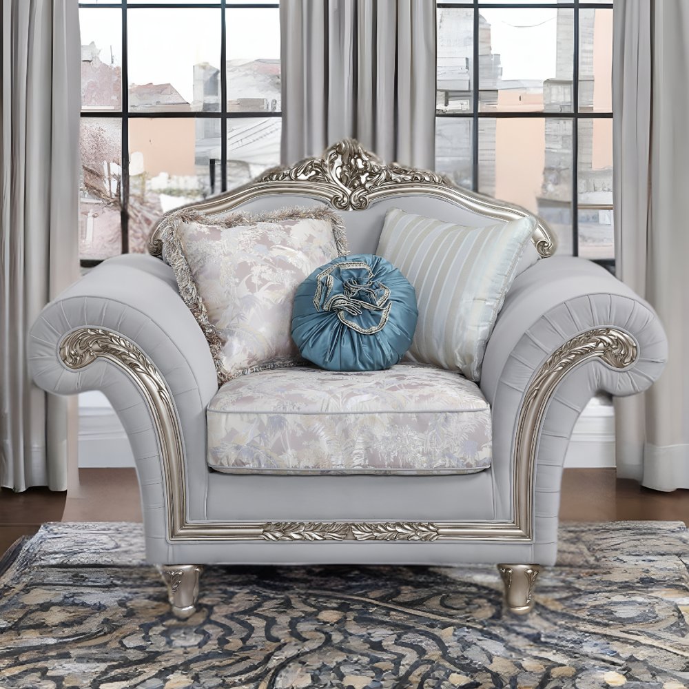 62" Light Gray and Platinum Linen Floral Club Chair And Toss Pillows