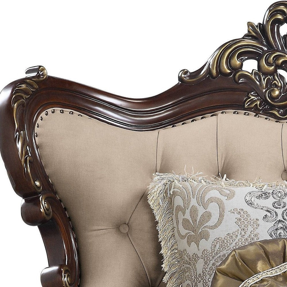 48" Beige and Brown Linen Floral Arm Chair And Toss Pillows