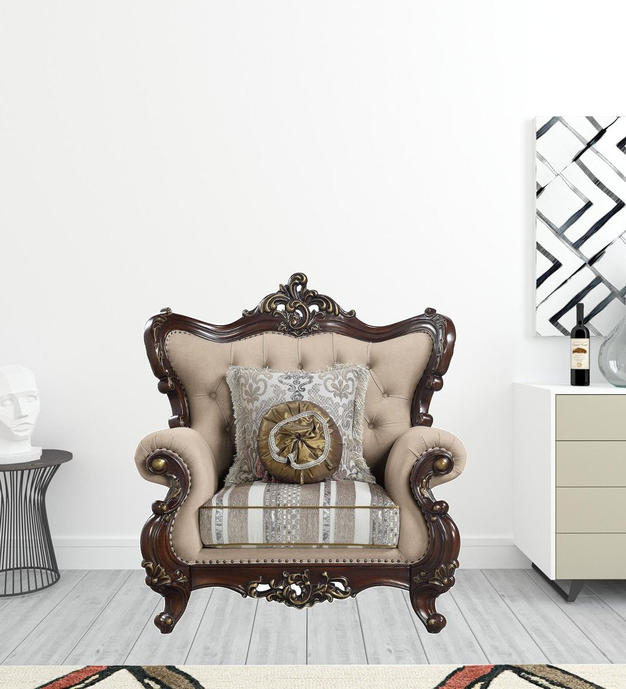 48" Beige and Brown Linen Floral Arm Chair And Toss Pillows