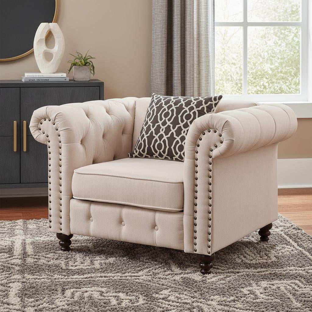 45" Beige and Black Linen Tufted Chesterfield Chair And Toss Pillow