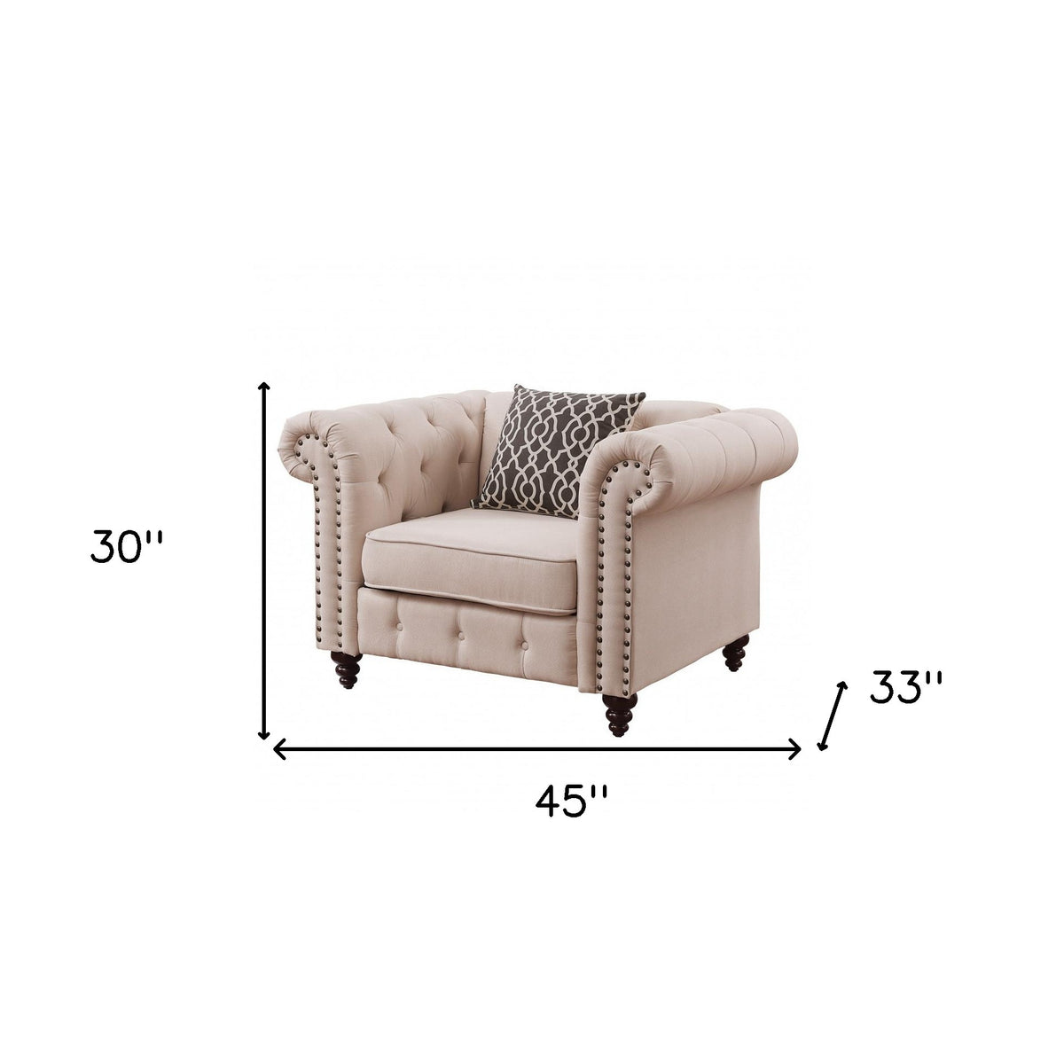 45" Beige and Black Linen Tufted Chesterfield Chair And Toss Pillow