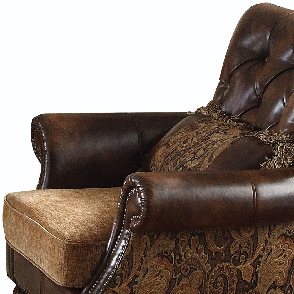 38" Brown and Black Faux Leather Floral Tufted Arm Chair And Toss Pillow