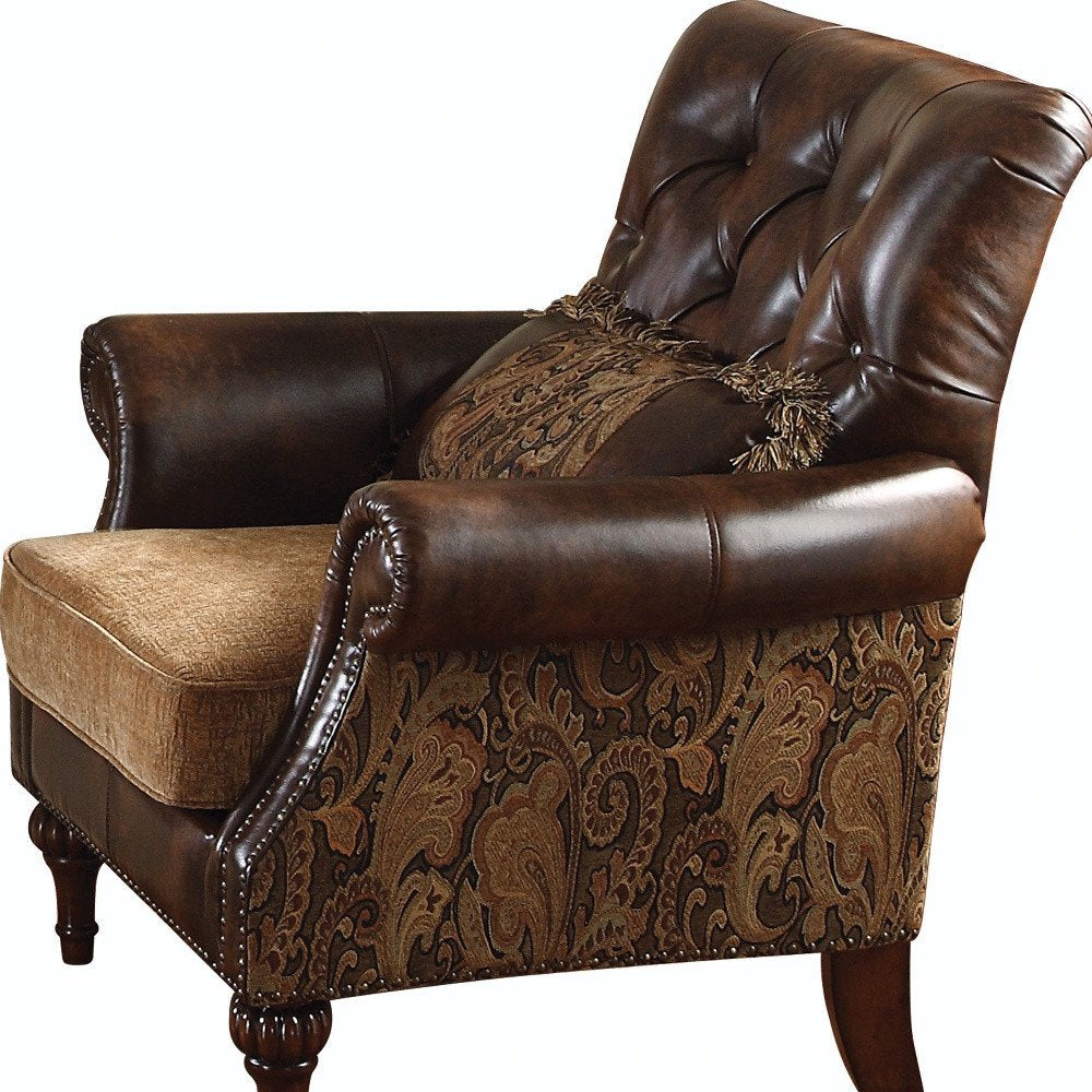 38" Brown and Black Faux Leather Floral Tufted Arm Chair And Toss Pillow