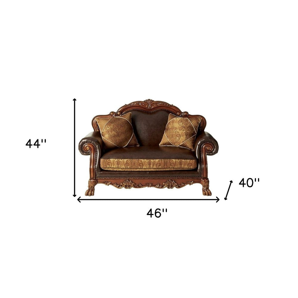 46" Brown and Cherry Blossom Pink Faux Leather Floral Tufted Arm Chair And Toss Pillow
