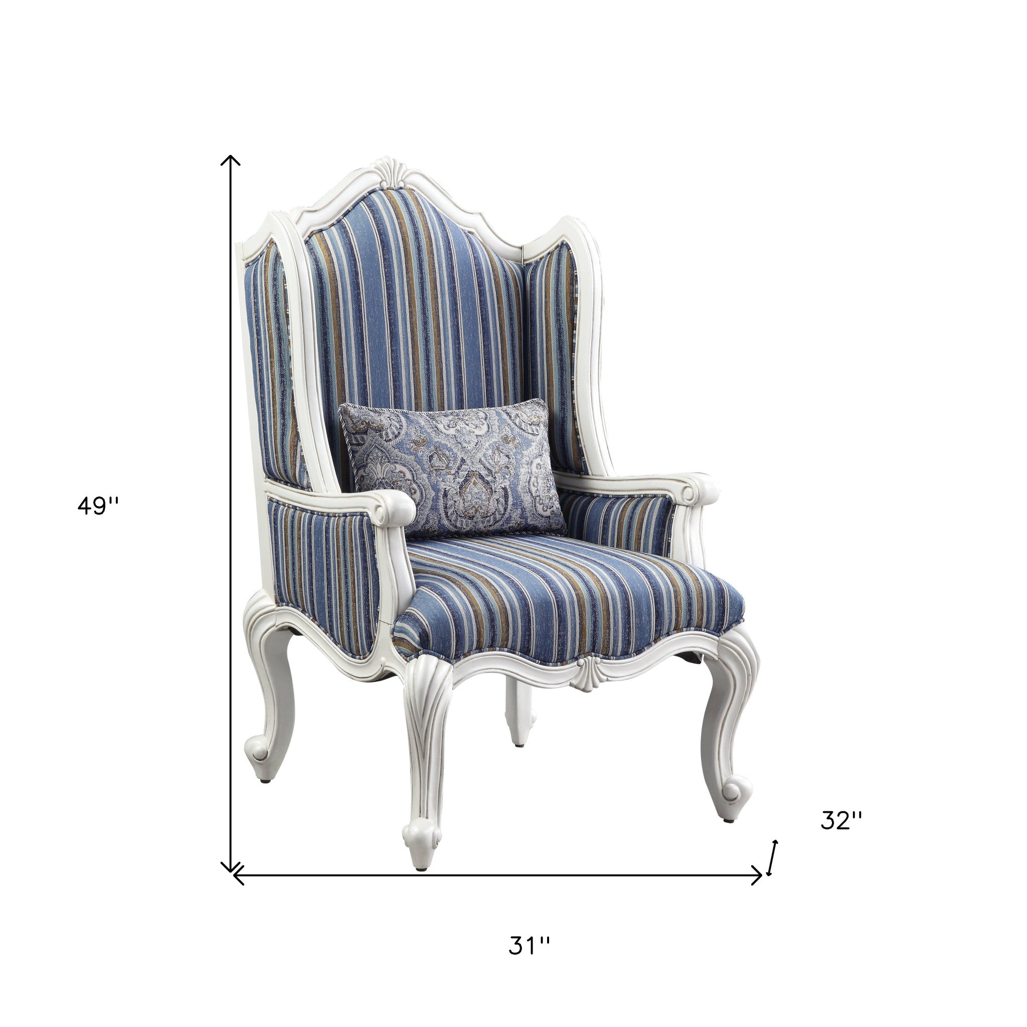 31" Blue White And Brown Fabric And White Striped Wingback Chair