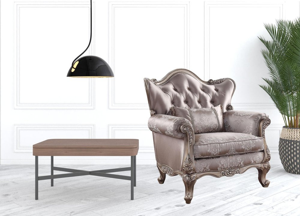 45" Champagne Fabric Floral Tufted Arm Chair And Toss Pillow