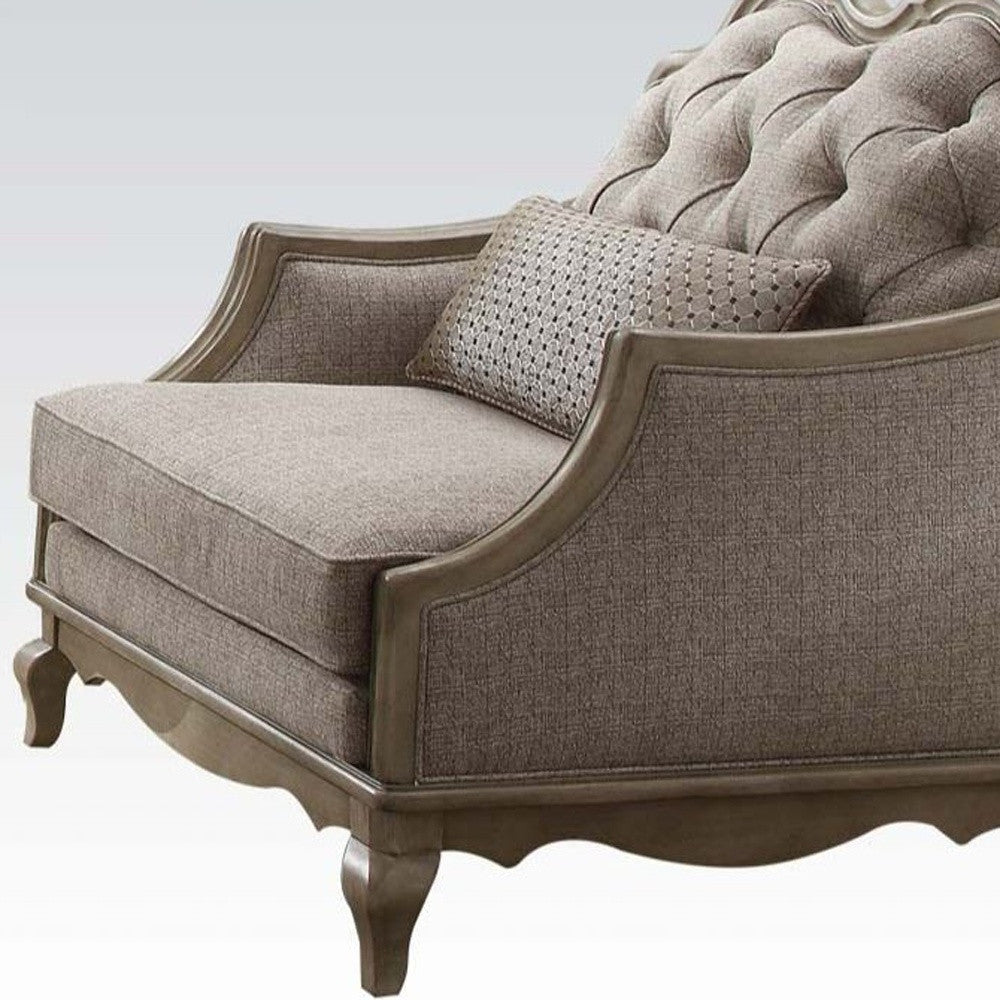 38" Beige and Taupe Fabric Tufted Chair and a Half And Toss Pillow