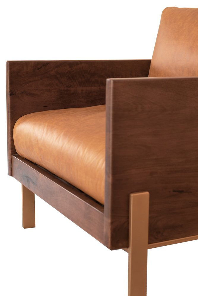 31" Brown Top Grain Leather And Solid Wood Arm Chair