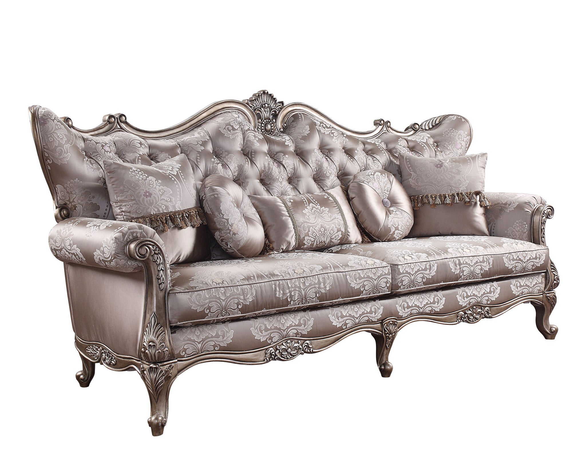 94" Fabric Imitation silk And Champagne Sofa With Five Toss Pillows
