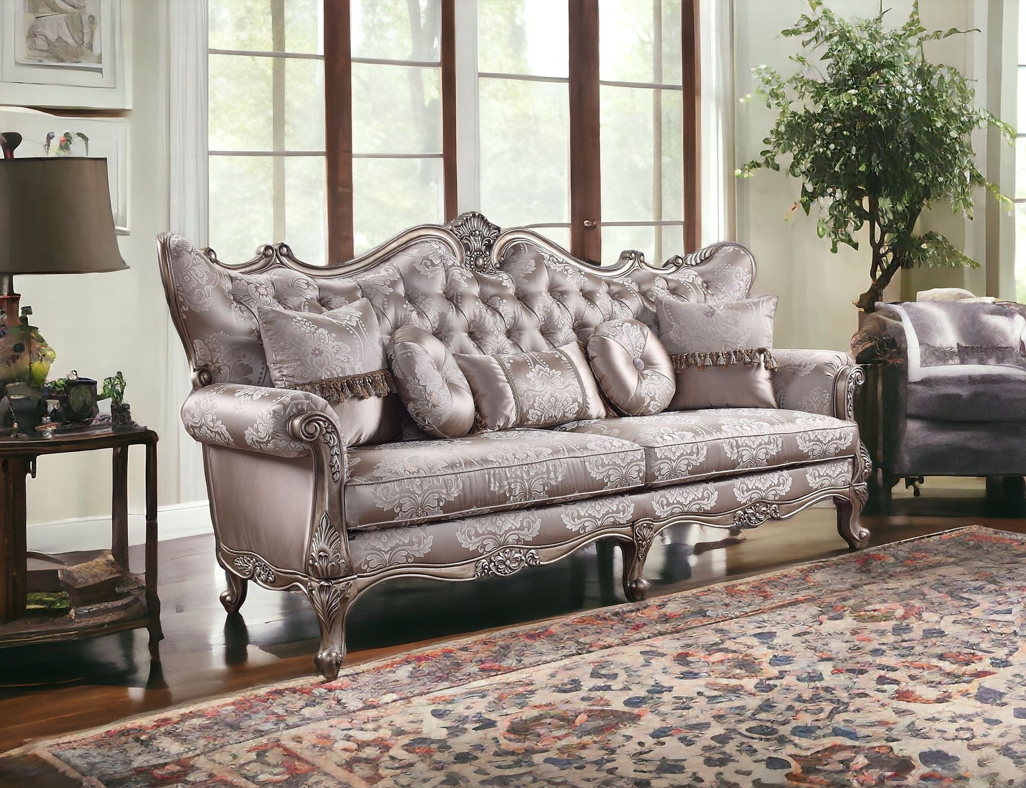 94" Fabric Imitation silk And Champagne Sofa With Five Toss Pillows