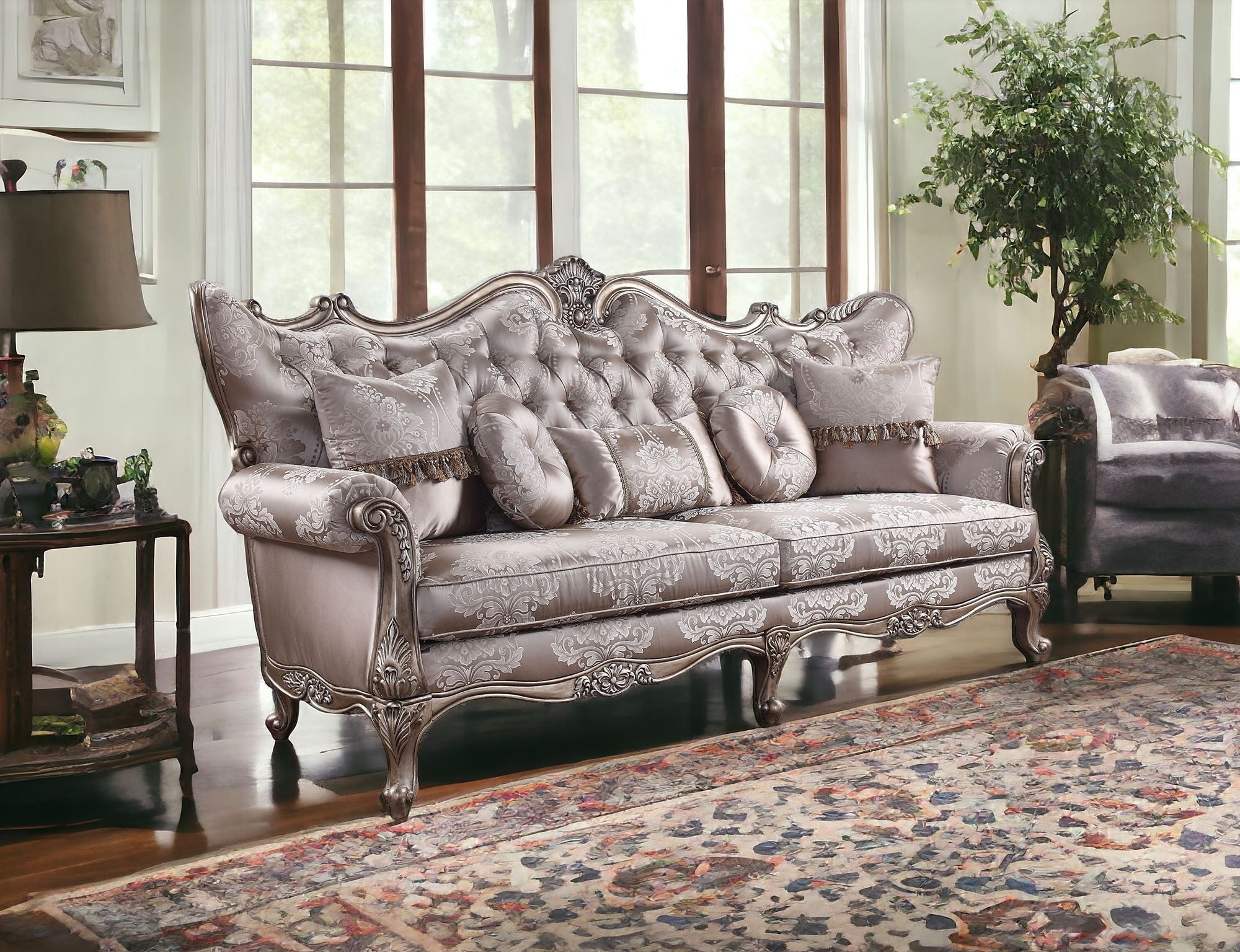 94" Dark Gray Imitation Silk Damask Sofa And Toss Pillows With Champagne Legs