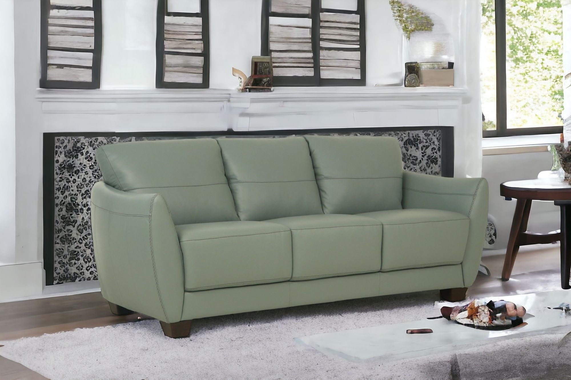 79" Tea Green Leather Sofa With Black Legs