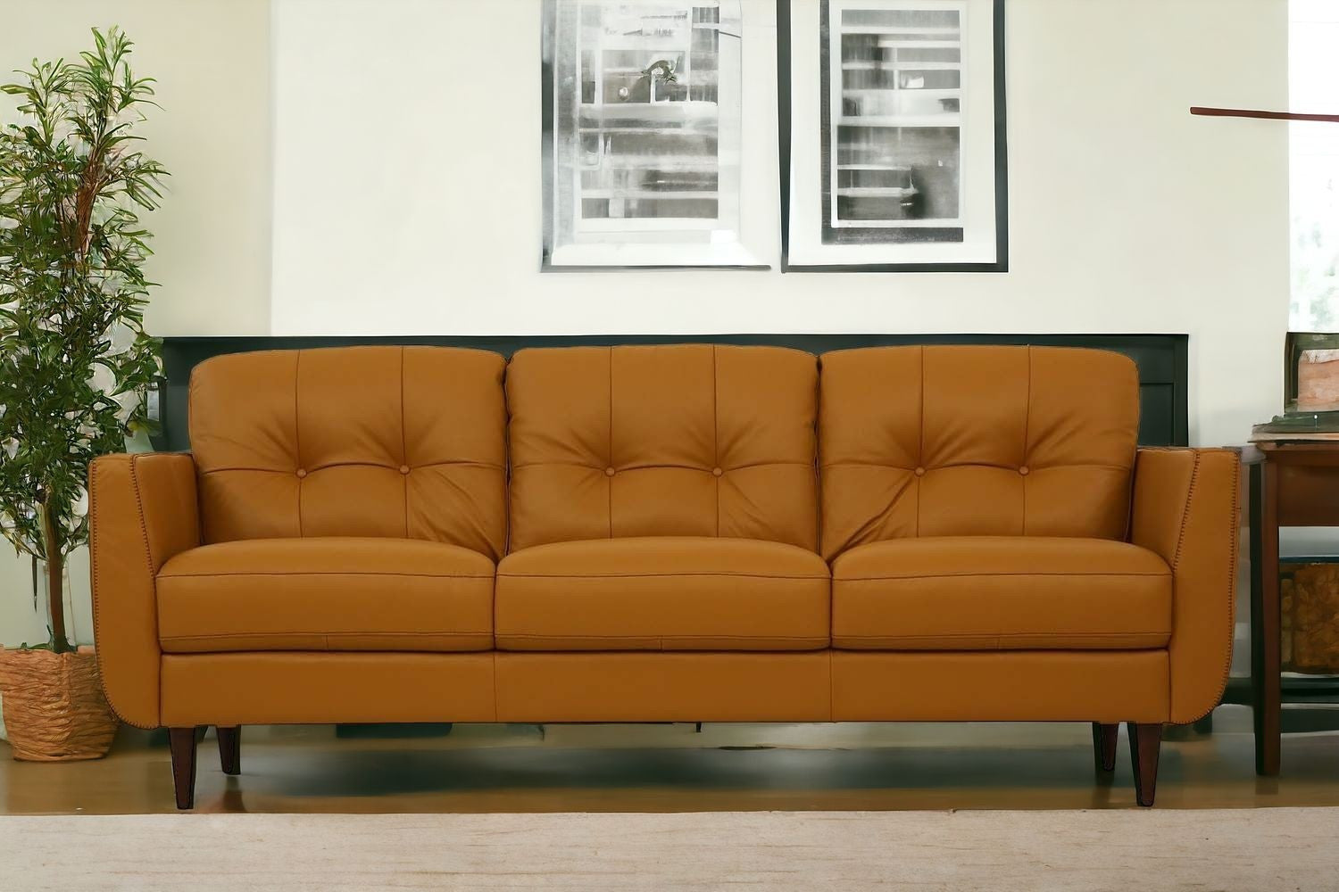 83" Orange Leather Sofa With Black Legs