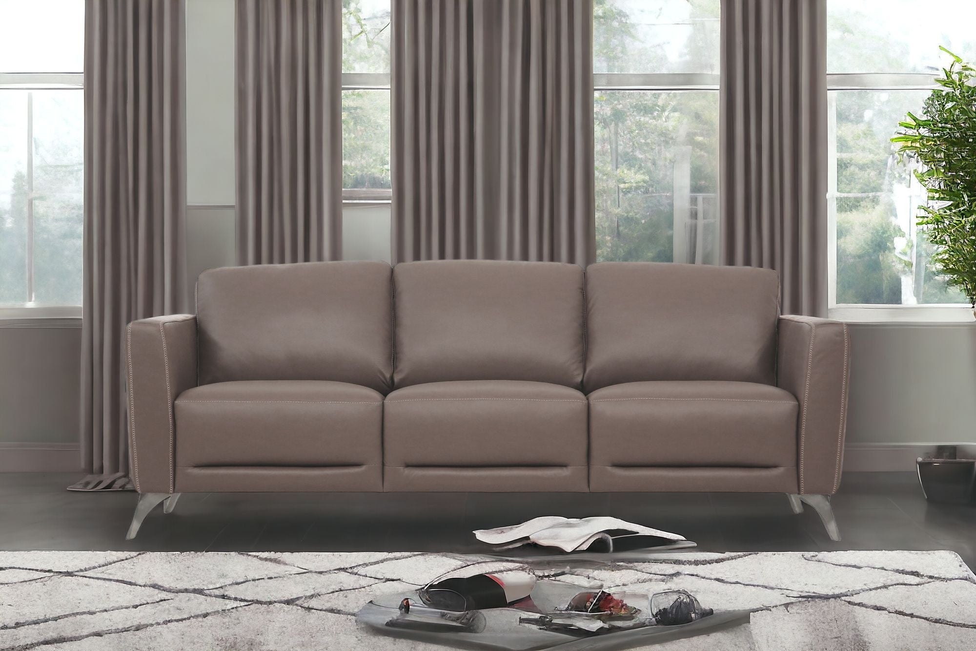 83" Taupe Leather Sofa With Black Legs