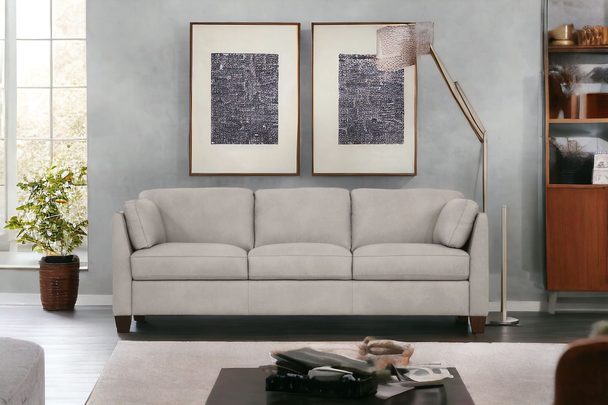 81" Dusty White Leather And Black Sofa
