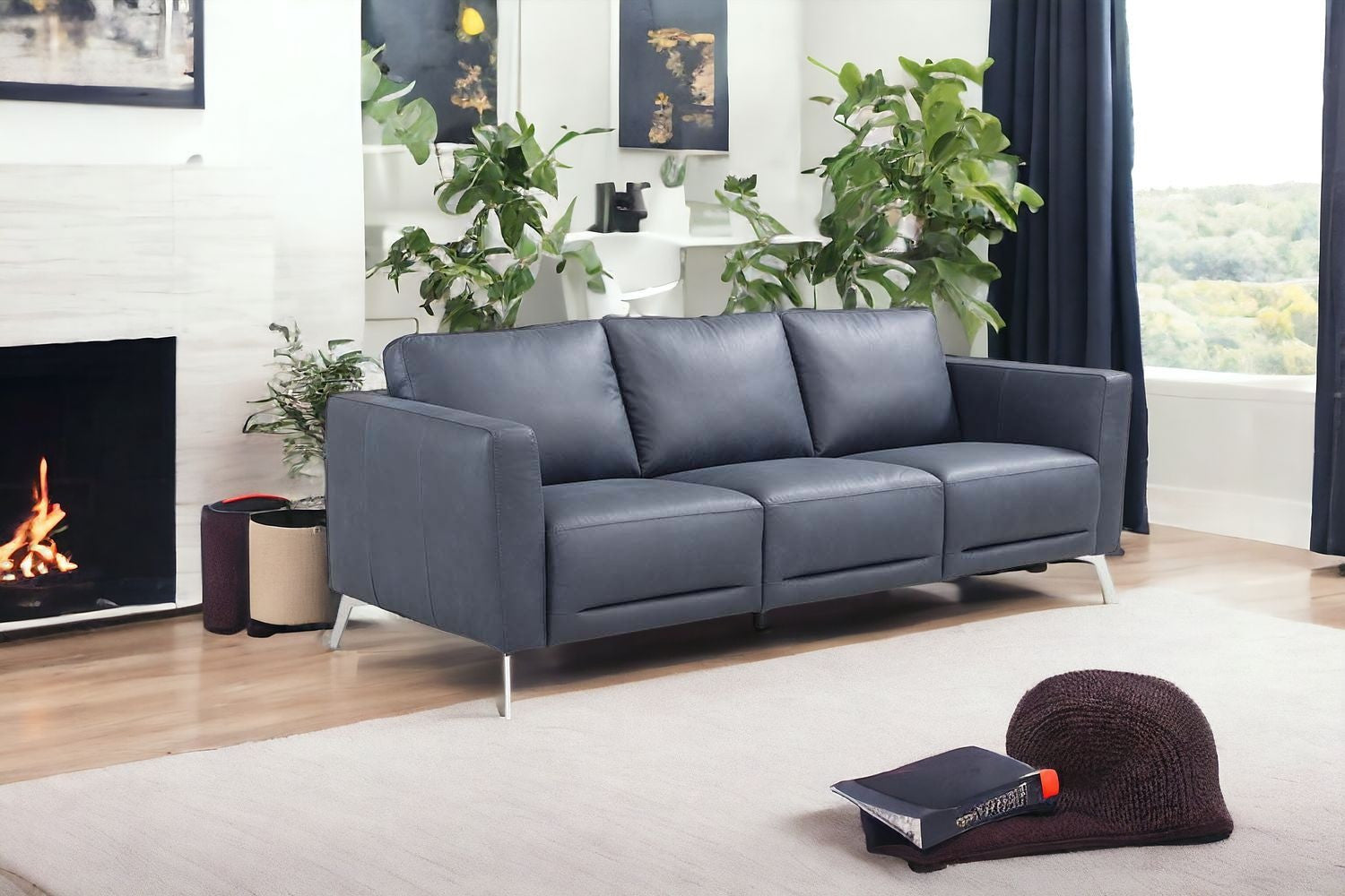 85" Blue Leather Sofa With Black Legs