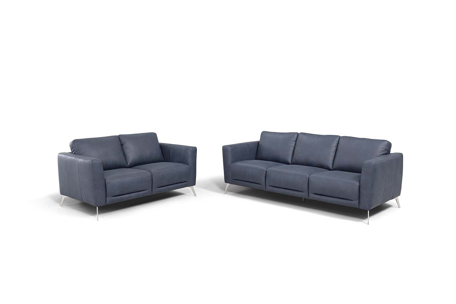 85" Blue Leather Sofa With Black Legs