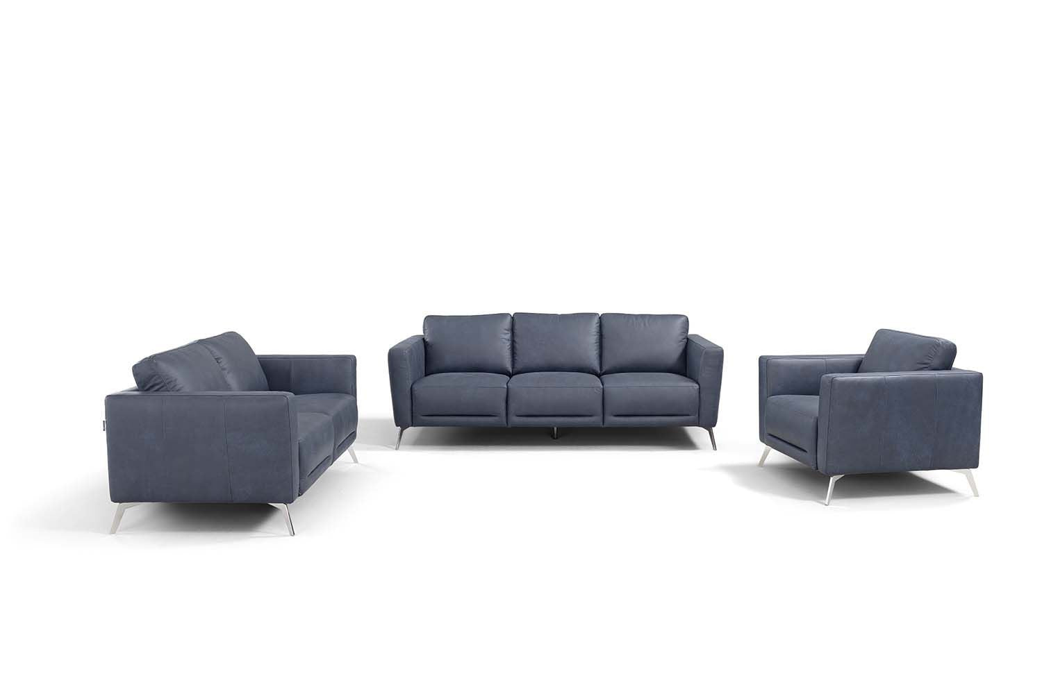 85" Blue Leather Sofa With Black Legs