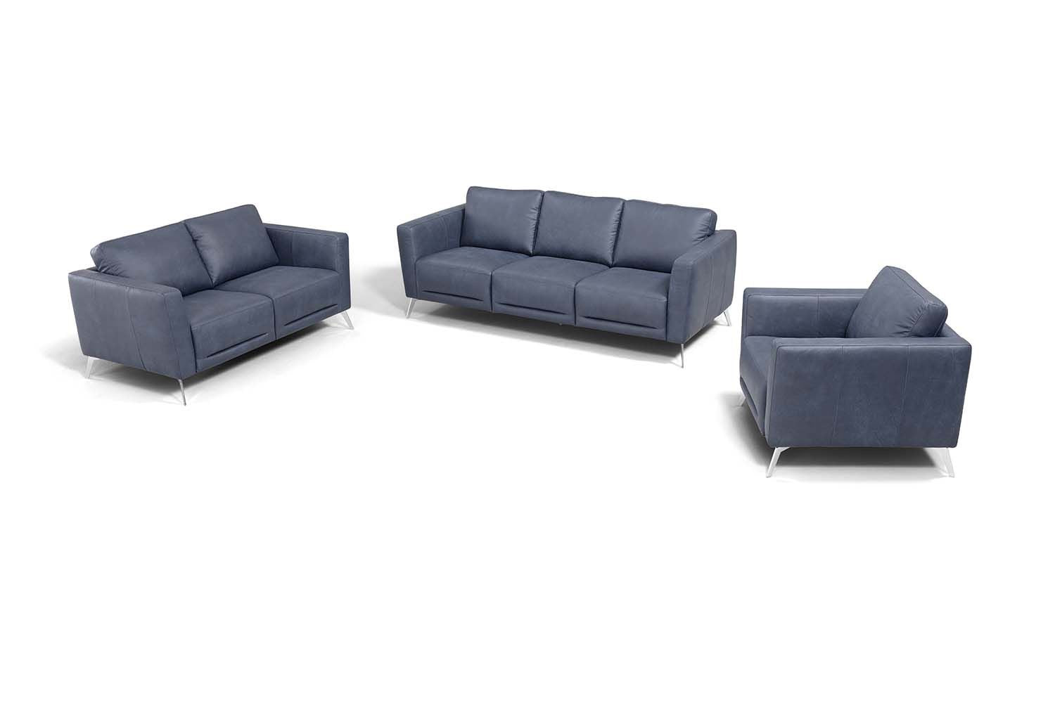 85" Blue Leather Sofa With Black Legs