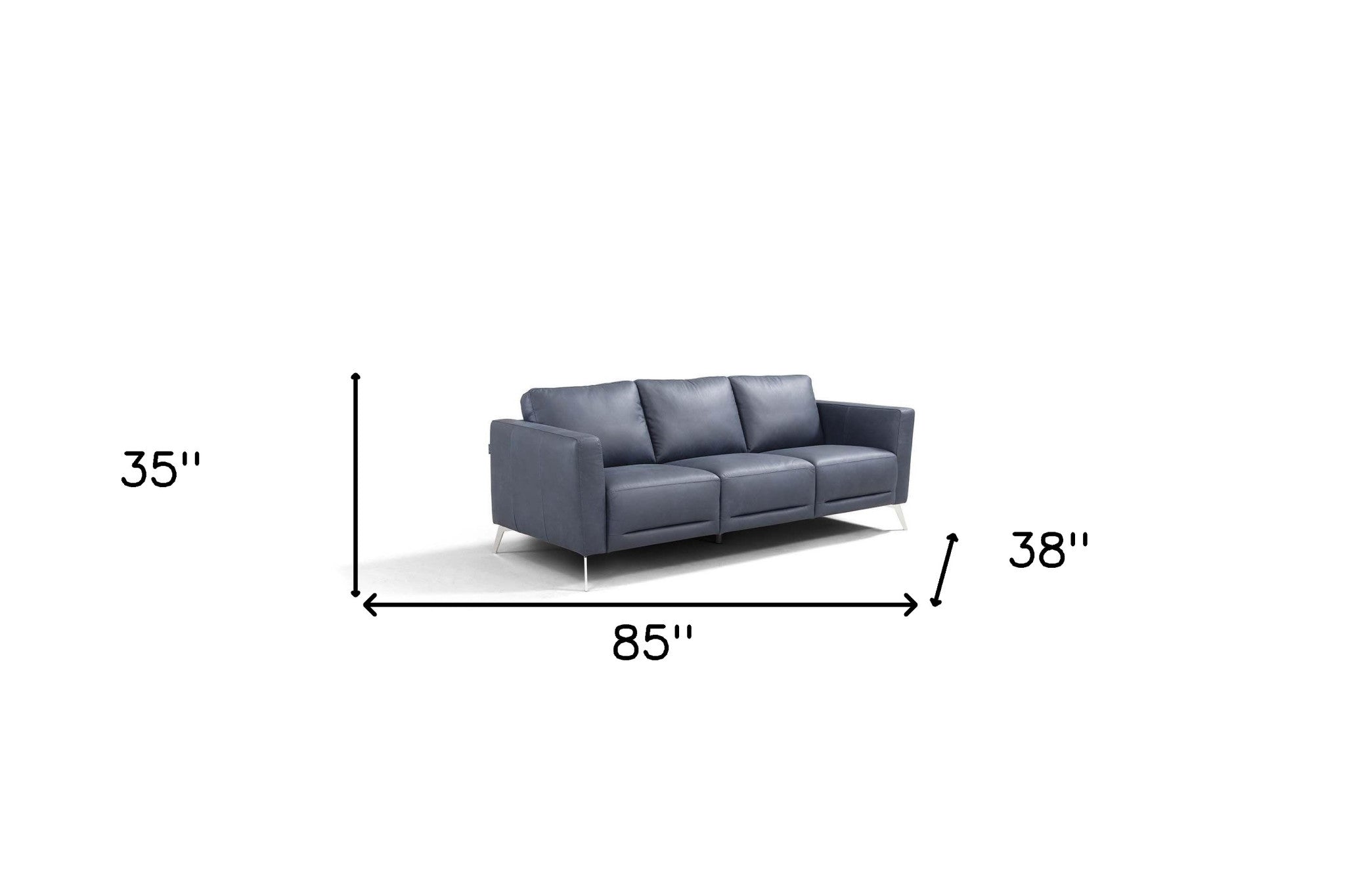 85" Blue Leather Sofa With Black Legs