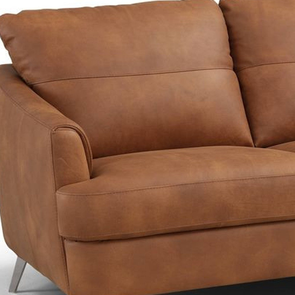 81" Camel Leather And Black Sofa