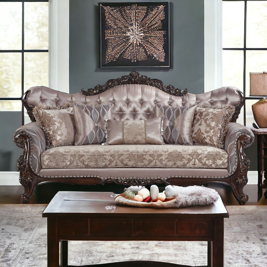 92" Champagne Imitation silk Sofa With Five Toss Pillows
