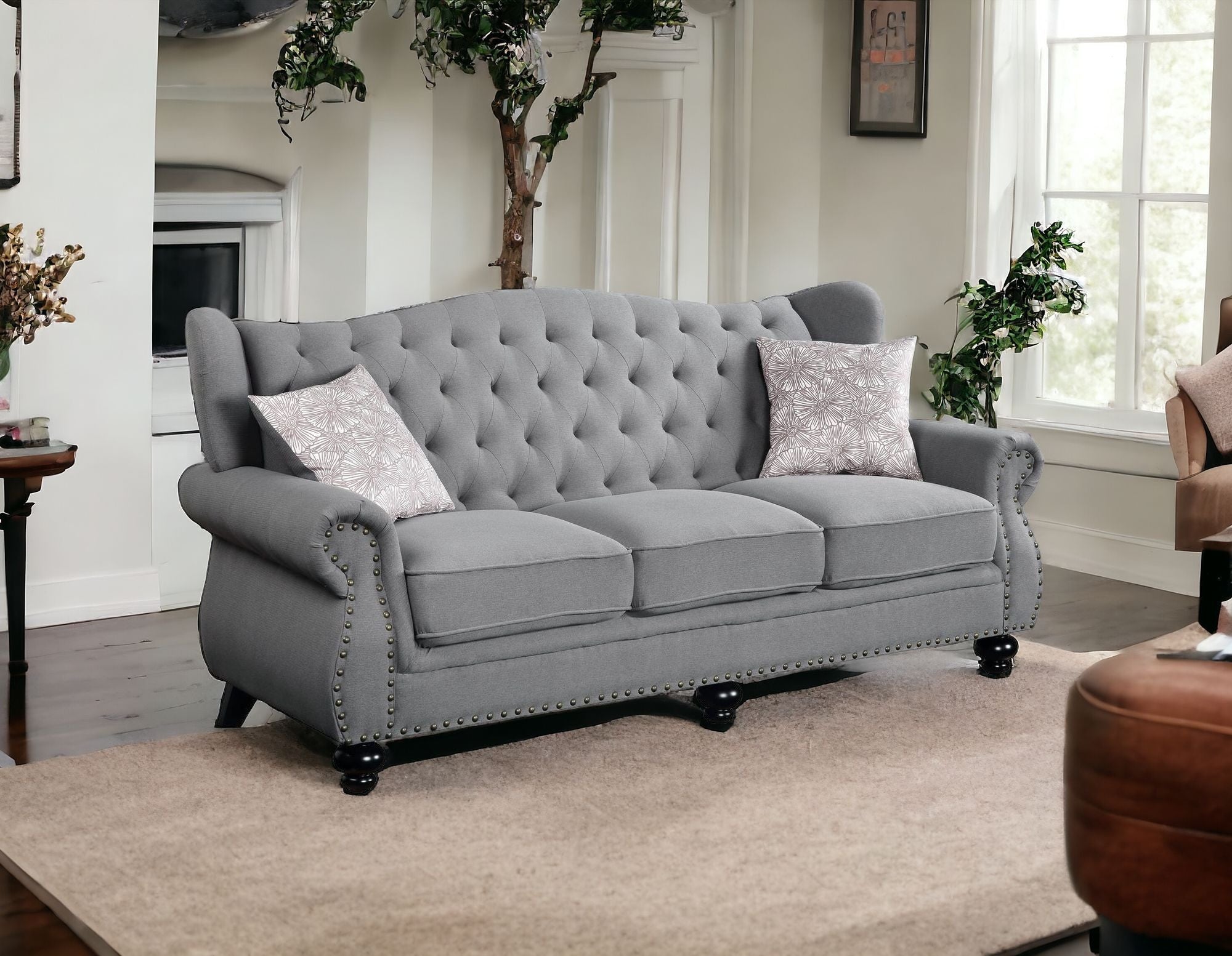 86" Gray And Black Sofa With Two Toss Pillows