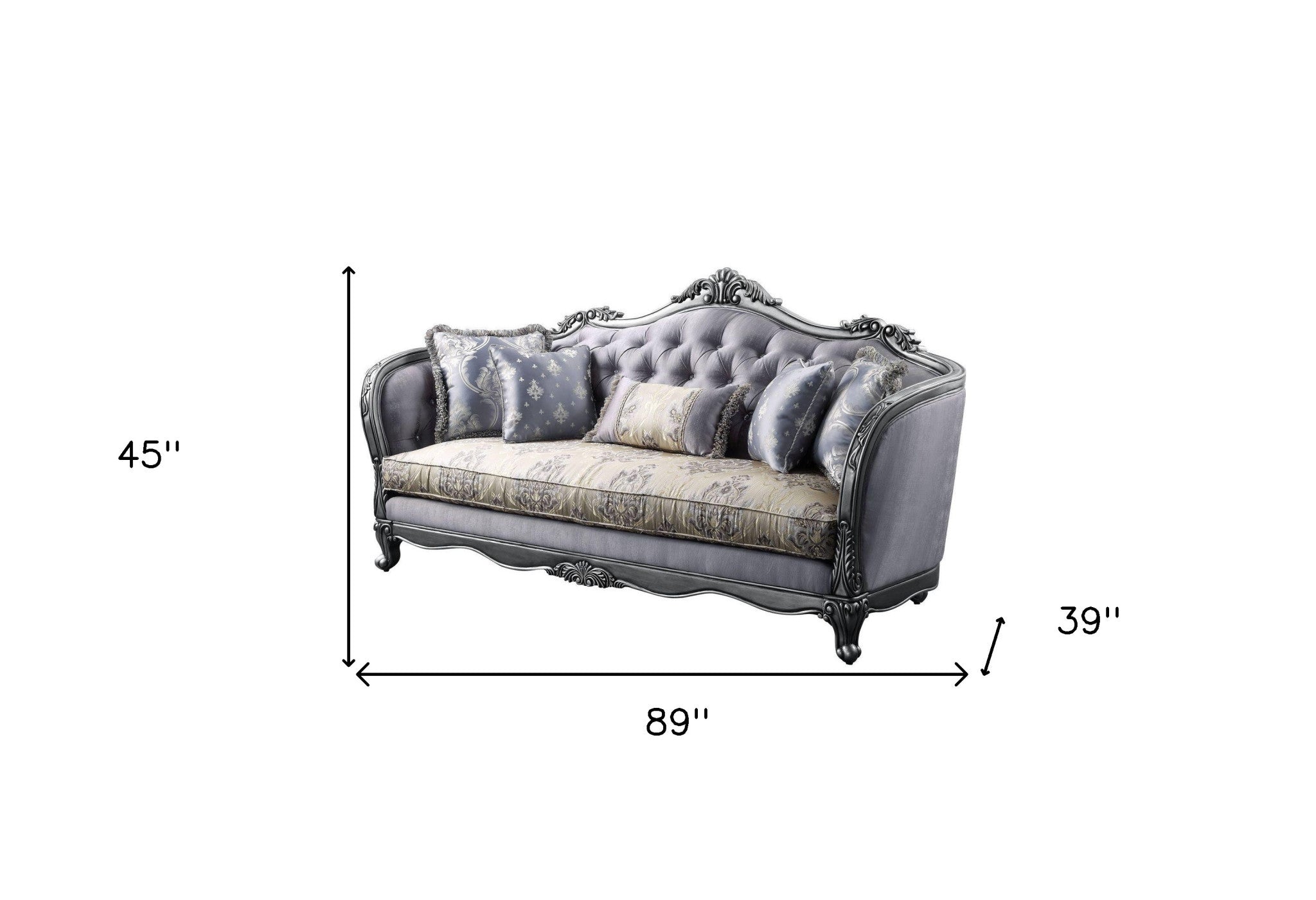 89" Fabric Imitation silk And Platinum Sofa With Five Toss Pillows