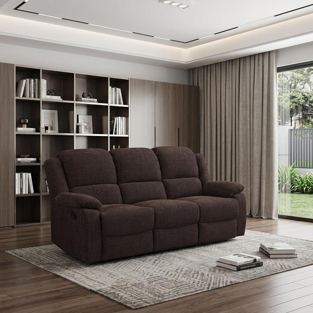 79" Brown Chenille Reclining Sofa With Black Legs