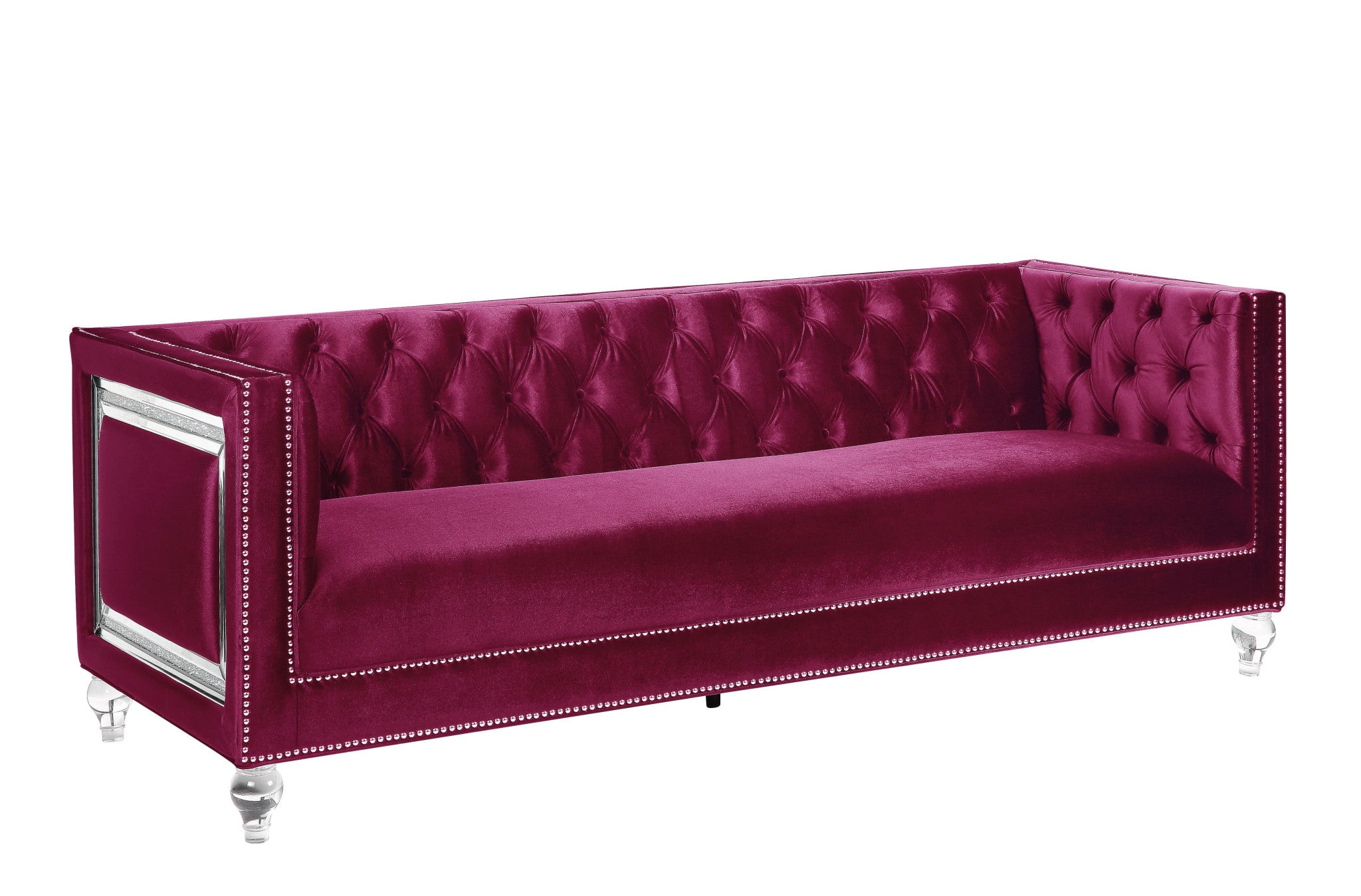 89" Burgundy And Clear Velvet Sofa And Toss Pillows
