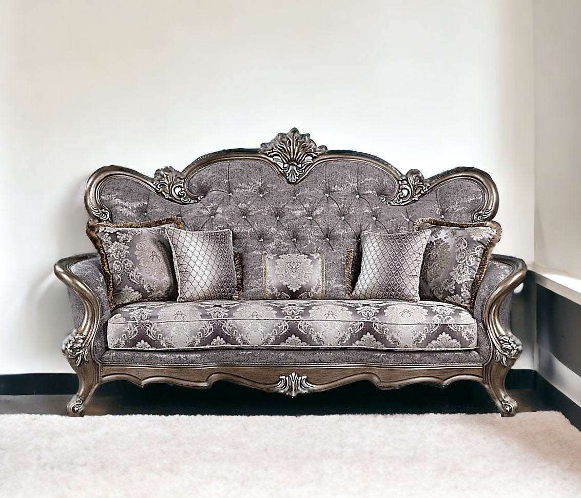 90" Fabric And Bronze Cotton Blend Damask Sofa And Toss Pillows
