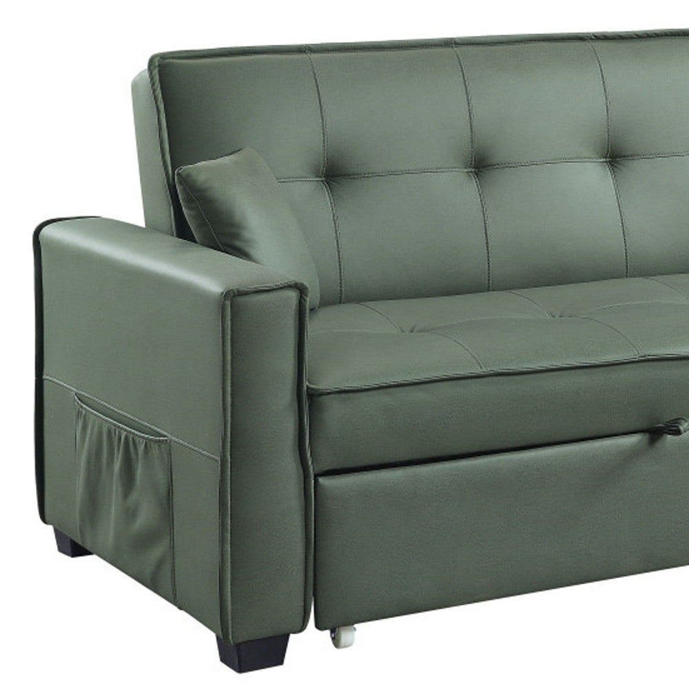 82" Green Velvet And Black Sleeper Sofa With Two Toss Pillows