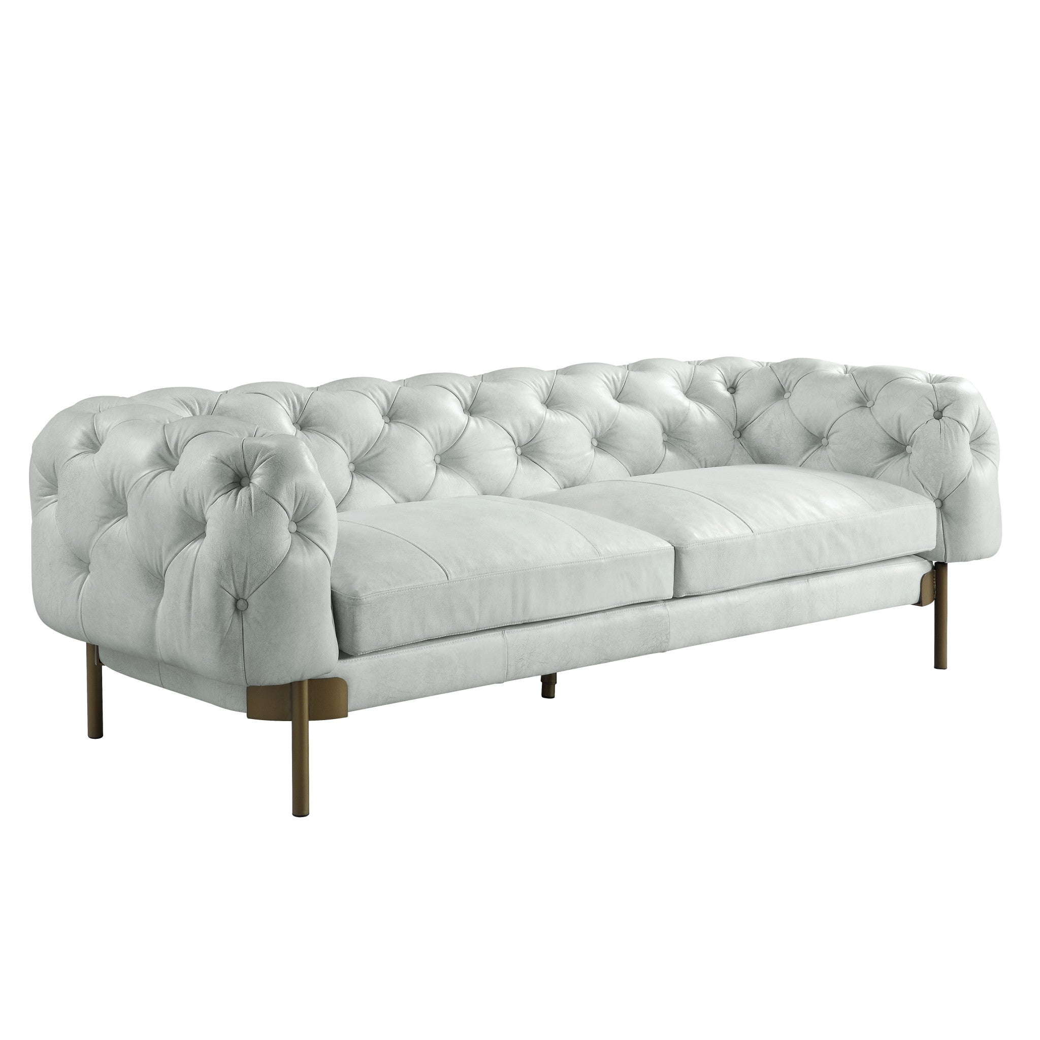 96" Vintage White Top Grain Leather And Gold Sofa