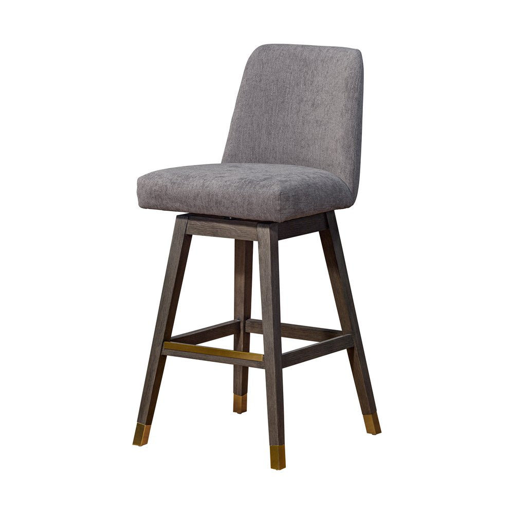 30" Gray and Brown Fabric and Solid Wood Swivel Bar Chair